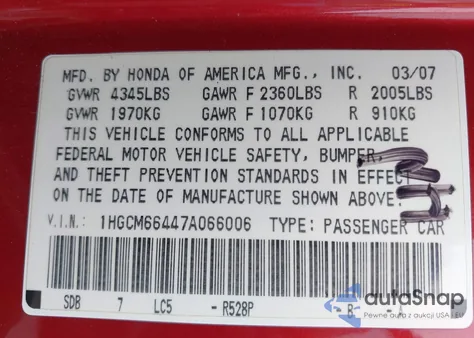 2007 Honda Accord 3.0 Se z USA, uszkodzony, nr VIN 1HGCM66447A066006